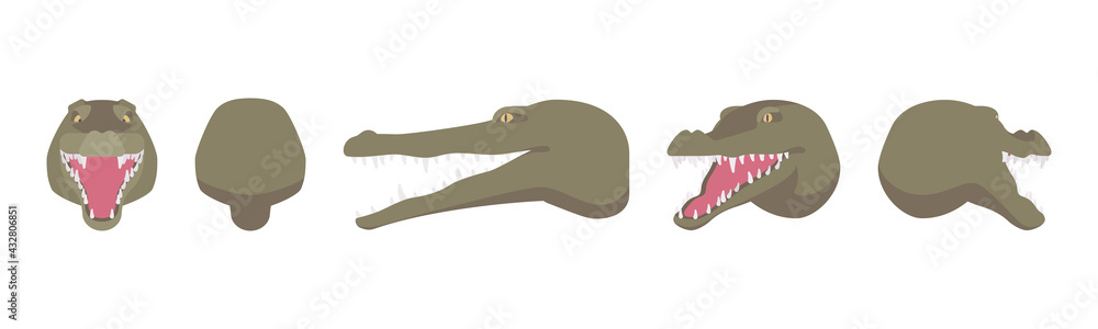 Obraz premium Animal mask crocodile head, faux taxidermy gallery wall mount decor. Hunting trophy, zoo museum hanging, cute avatar. Vector flat style cartoon illustration isolated, white background, different views