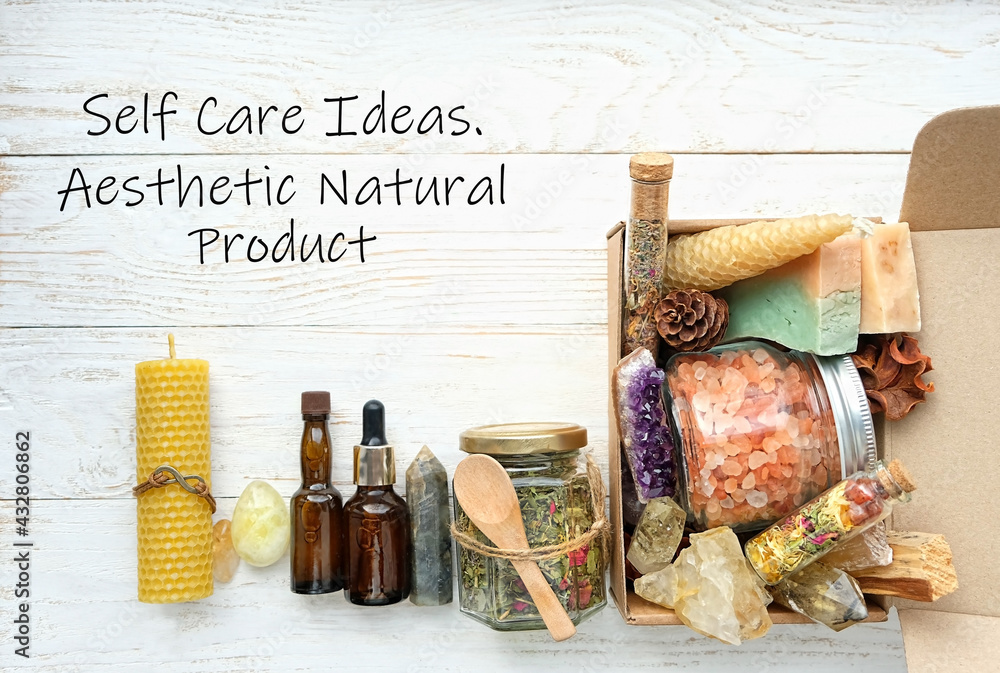 Self Care Ideas. Aesthetic Natural Product. gift box with self care