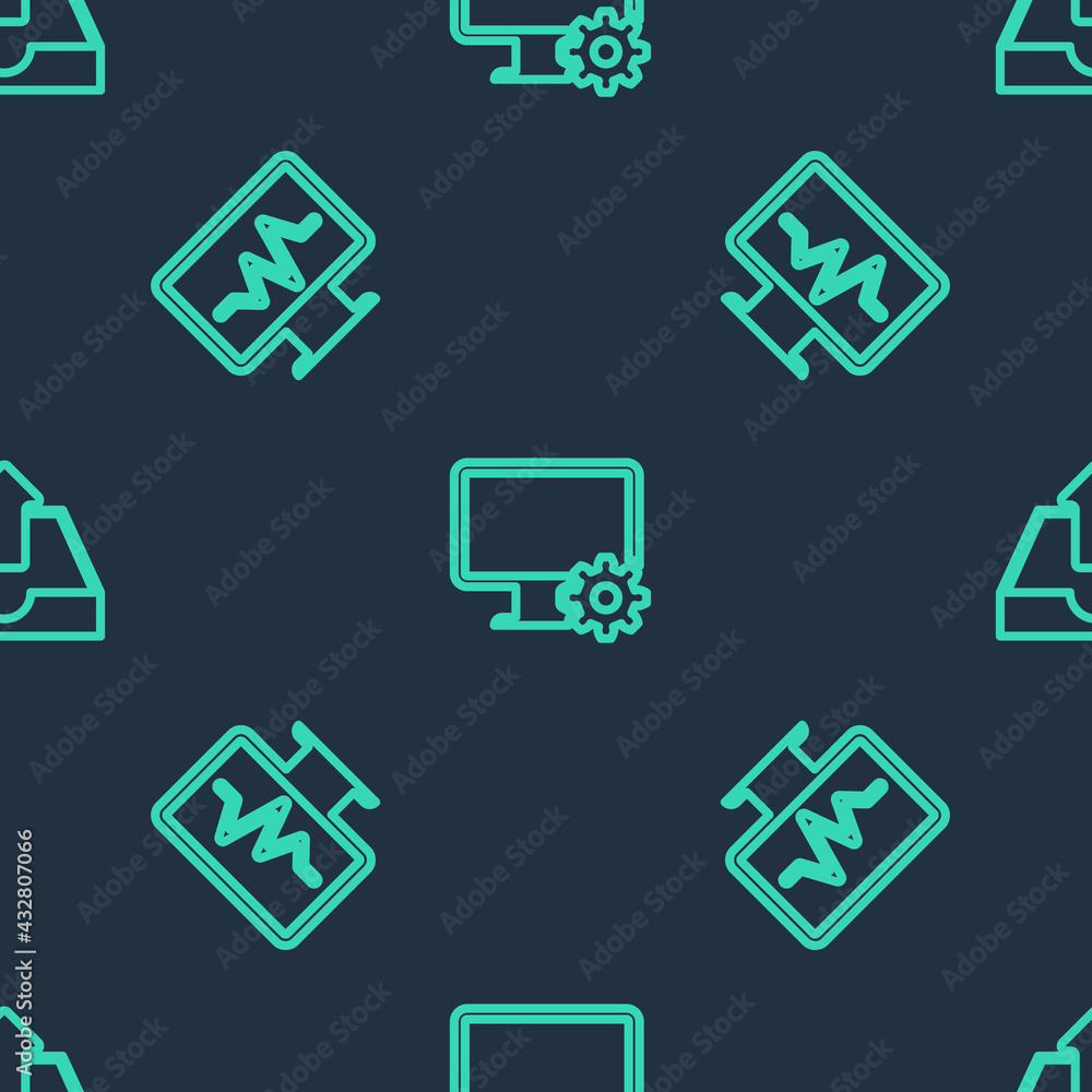 Set line Computer monitor and gear, Monitor with cardiogram and Upload inbox on seamless pattern. Vector Set line Computer monitor and gear, Monitor with cardiogram and Upload inbox on seamless pattern. Vector