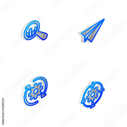Set Isometric line Paper plane  Magnifying glass and analysis  Gear arrows workflow and Outsourcing concept icon. Vector