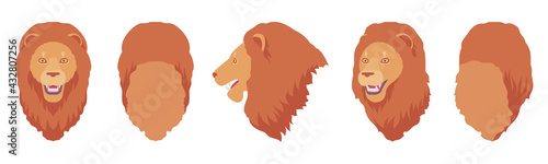 Animal mask lion head, faux taxidermy gallery wall mount decor. Hunting trophy, zoo museum hanging, cute avatar. Vector flat style cartoon illustration isolated on white background, different views