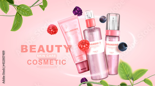 Mixed berry cosmetic. Collagen vitamin skin care. Beauty packaging cream set.