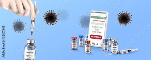 Coronavirus vaccine. Immunization treatment. Vaccine bottle and syringe injection tool for covid 19.