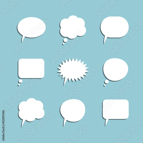 Set of nine simple white speech and think bubbles with shadows, empty and isolated on blue background