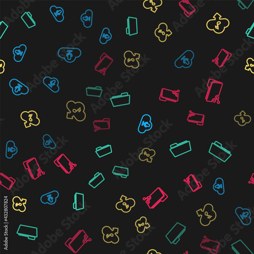 Set line Music streaming service, Folder, Cloud download music and Share folder on seamless pattern. Vector