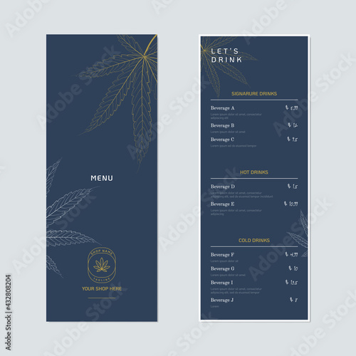 Beverage menu template design, cannabis leaves on blue