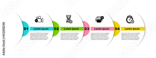 Set line Video camera setting, Hourglass, Printer and Time management. Business infographic template. Vector