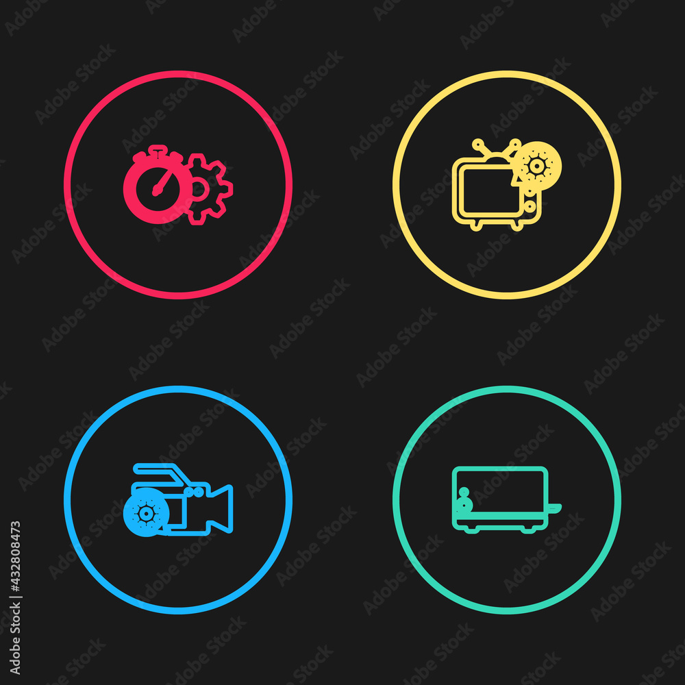 Set line Video camera setting, Toaster, Tv and Time management icon. Vector Set line Video camera setting, Toaster, Tv and Time management icon. Vector