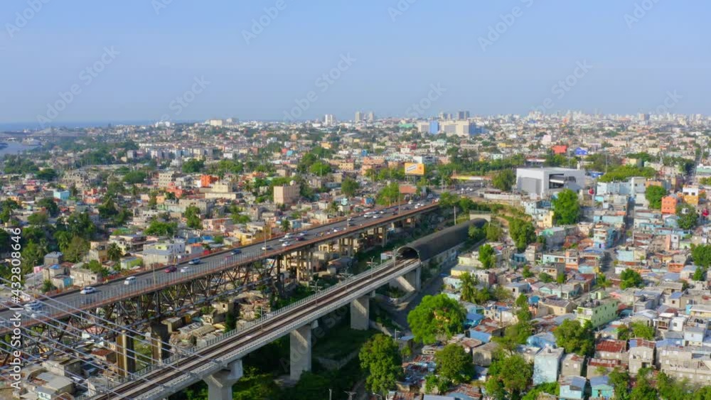 Two bridges crossing suburbs of Santo Domingo, Dominican Republic. Aerial forward Two bridges crossing suburbs of Santo Domingo, Dominican Republic. Aerial forward
