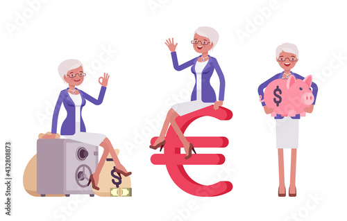 Attractive old woman, elderly businesswoman with euro, dollar sack. Bossy senior manager, gray haired active person above 50 years. Vector flat style cartoon illustration isolated on white background
