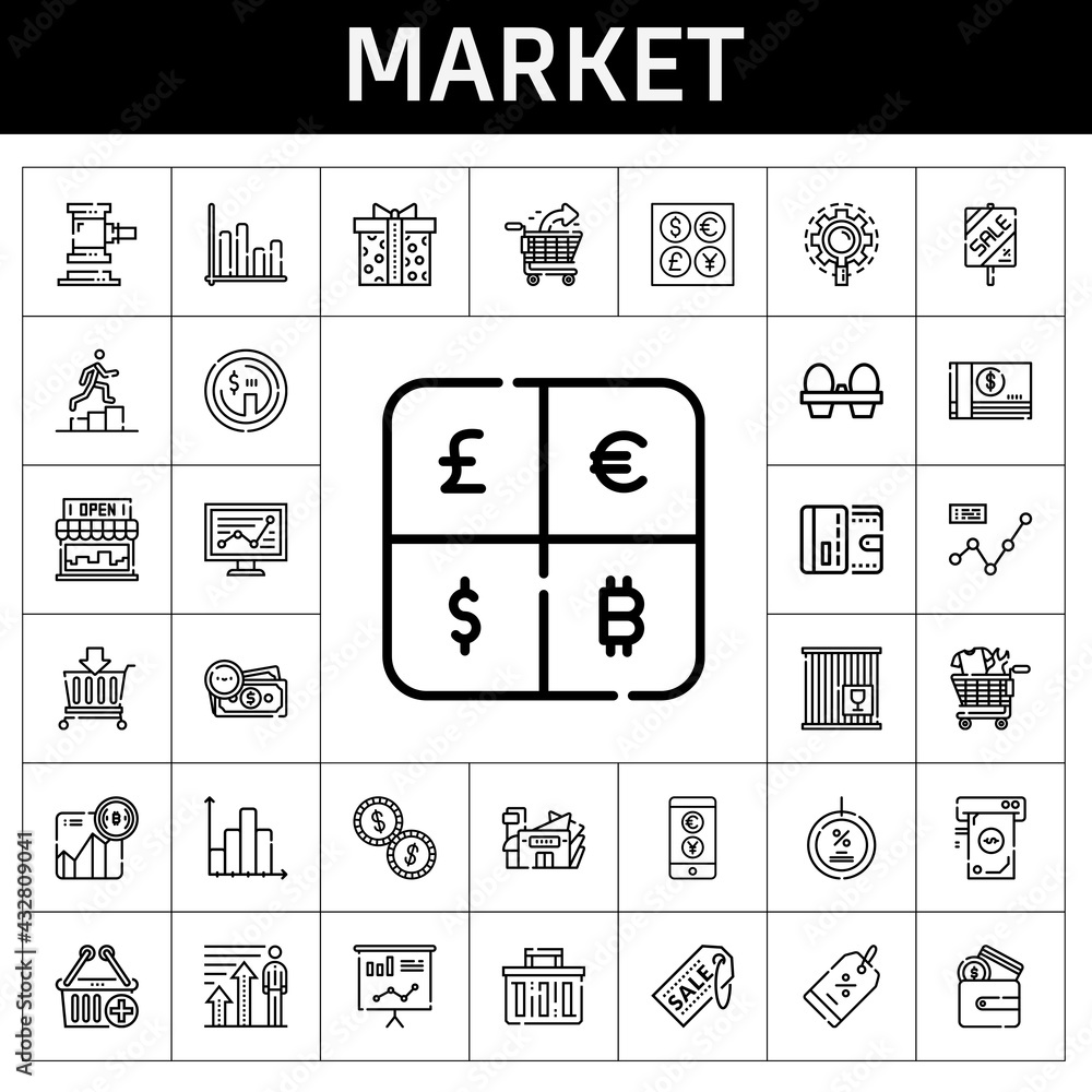 market icon set. line icon style. market related icons such as basket, discount, organic eggs, shopping basket, research, dollar, auction, supermarket, line chart, supermarket gift