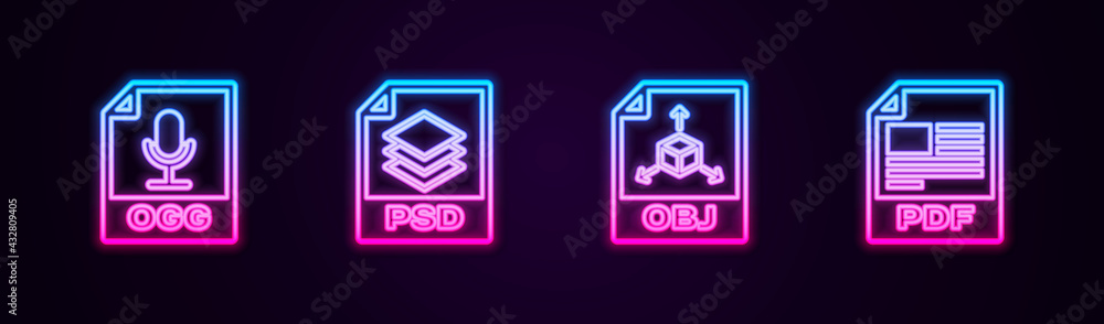 Set line OGG file document, PSD, OBJ and PDF. Glowing neon icon. Vector Set line OGG file document, PSD, OBJ and PDF. Glowing neon icon. Vector