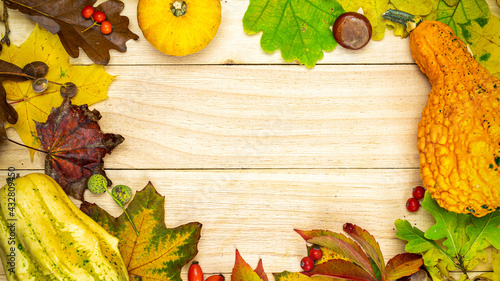 Autumn composition. Natural harvest with orange pumpkin, fall dried leaves, red berries and acorns, chestnuts on wooden background in shape frame. Autumn Thanksgiving day background.