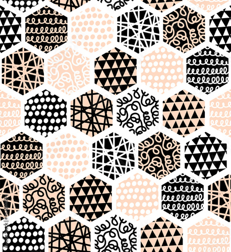 Hexagon abstract seamless vector pattern. Geometric honeycomb shapes with hand drawn doodle texture pink black white. Repeating modern background for fabric, wallpaper, wrapping.