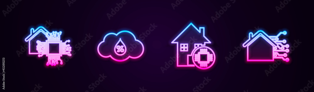 Set line Smart home, Humidity, and . Glowing neon icon. Vector Set line Smart home, Humidity, and . Glowing neon icon. Vector