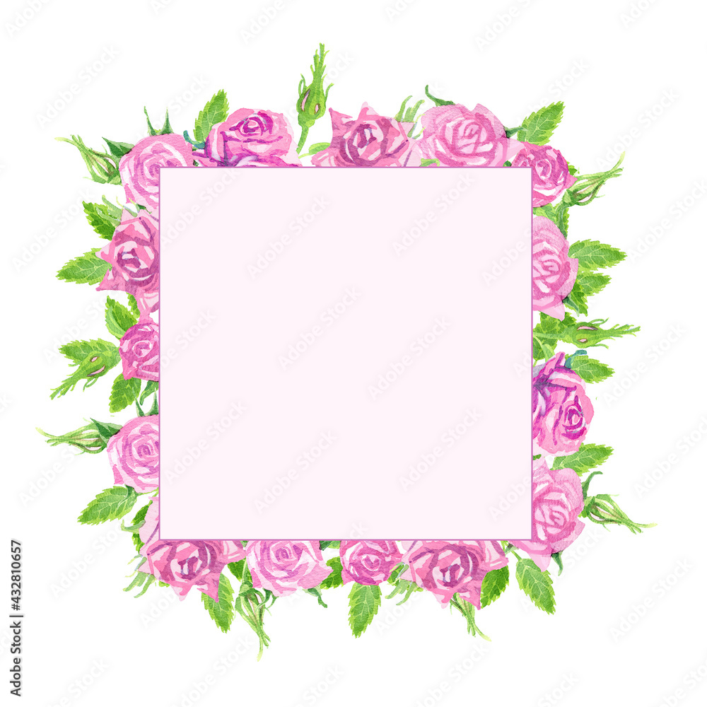 Frame of delicate pink watercolor roses. Buds and thorns. Scenic bouquet.