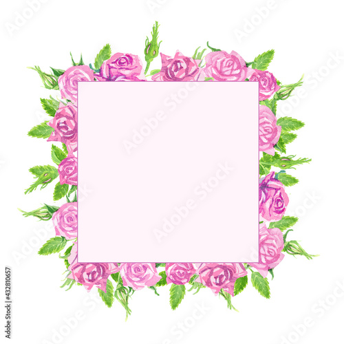 Frame of delicate pink watercolor roses. Buds and thorns. Scenic bouquet.