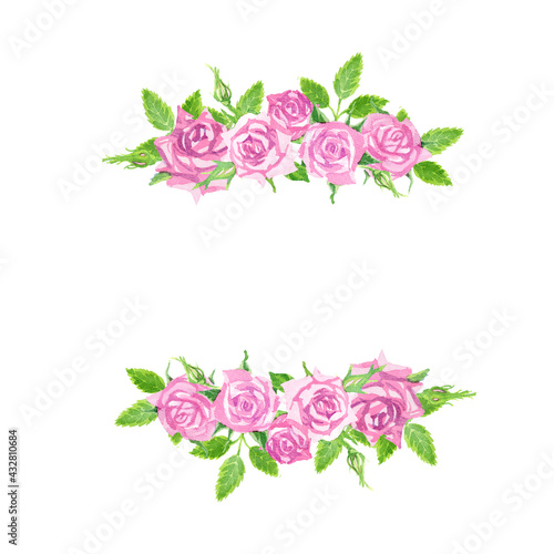 Frame of delicate pink watercolor roses. Upper and lower bounds. Scenic bouquet.