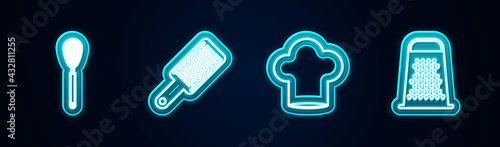 Set line Kitchen whisk, Grater, Chef hat and . Glowing neon icon. Vector