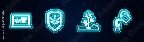 Set line Online buying marijuana, Shield and, Planting and Watering can. Glowing neon icon. Vector