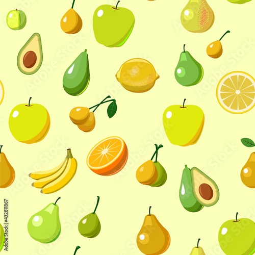 The most popular fruits are fruit trees in the tropics and temperate climates. Seamless background image. Cartoon flat style. Apples, plums, bananas, oranges, lemons,  avocados. Vector