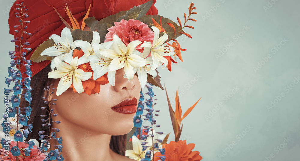 Abstract art collage of young asian woman with flowers - obrazy, fototapety, plakaty 