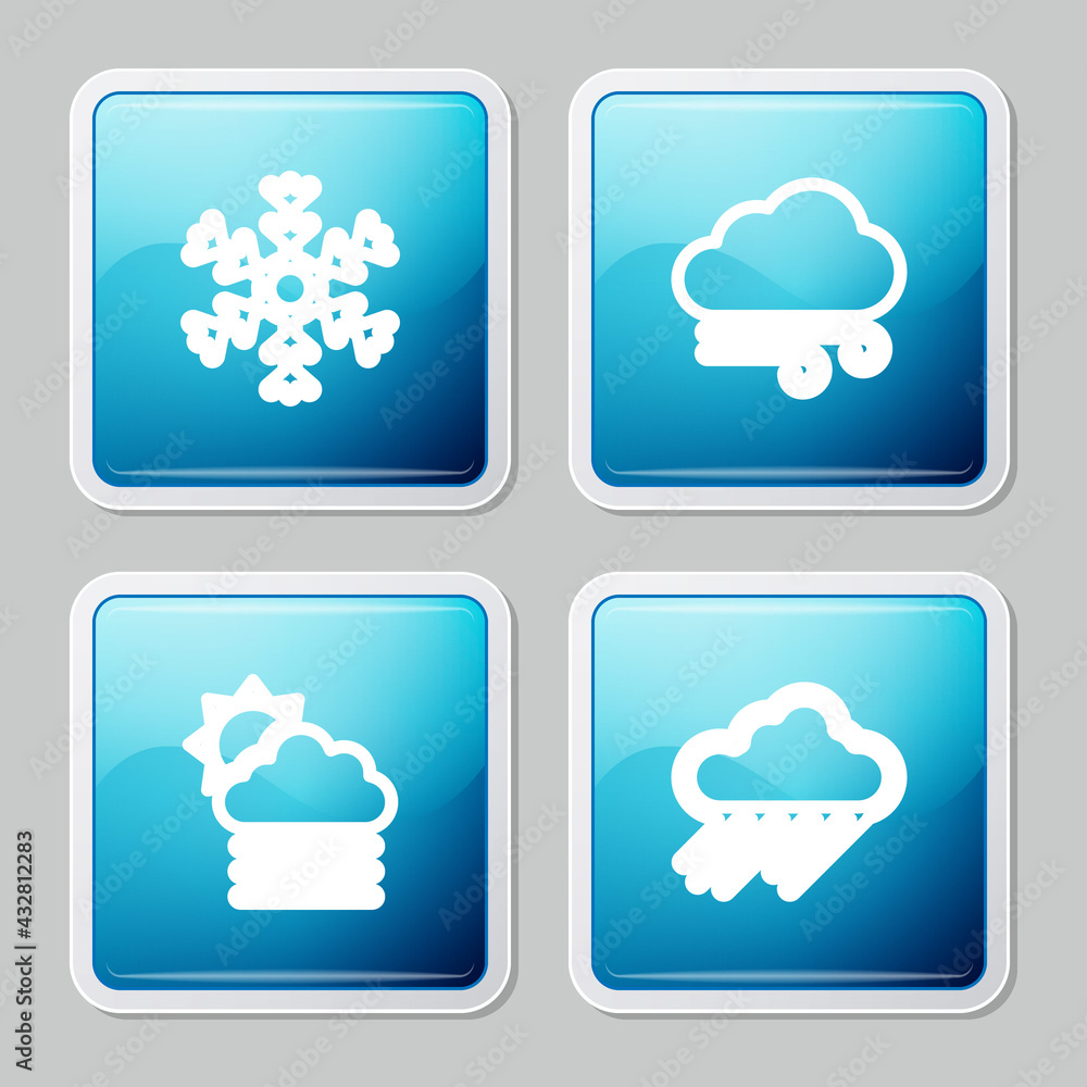 Set line Snowflake, Windy weather, Fog and cloud with sun and Cloud rain icon. Vector Set line Snowflake, Windy weather, Fog and cloud with sun and Cloud rain icon. Vector