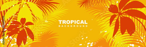 Tropical horizontal banner with exotic  leaves. Stylish fashion frame on a yellow background.  Vector illustration isolated and editable.