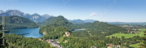 Aerial panoramic view of Hohenschwangau and Alpsee lake, Bavaria, Germany