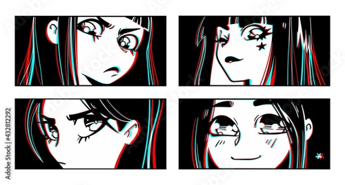 Close up of Asian female Eyes look. Black and white Manga style. Vector illustration of anime characters.
