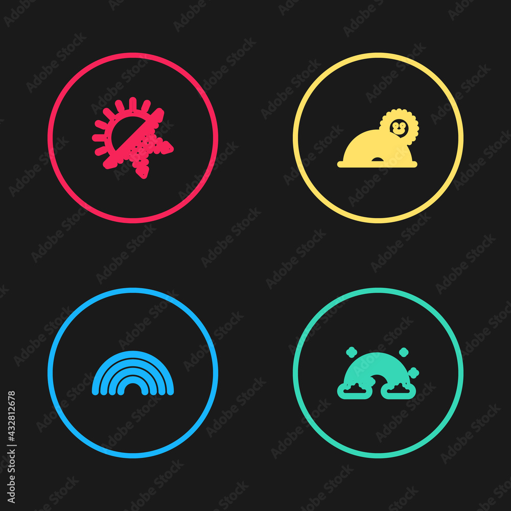 Set line Rainbow, with clouds, sun and Sun and snowflake icon. Vector Set line Rainbow, with clouds, sun and Sun and snowflake icon. Vector