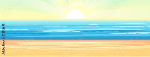 Sea coastal landscape. Flat style illustration. Sandy beach in the ocean, summer sky and distant horizon. Vector photo