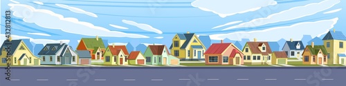 Street in a cheerful cartoon flat style. Asphalt road. A village or a small rural town. Small houses. Ski and clouds. Small cozy suburban cottages with gable roofs. Vector.