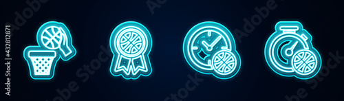 Set line Basketball ball and basket, award, Clock with basketball and Stopwatch. Glowing neon icon. Vector