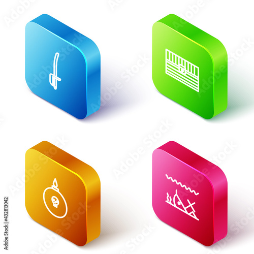 Set Isometric line Pirate sword, Antique treasure chest, Bomb ready to explode and Sunken ship icon. Vector