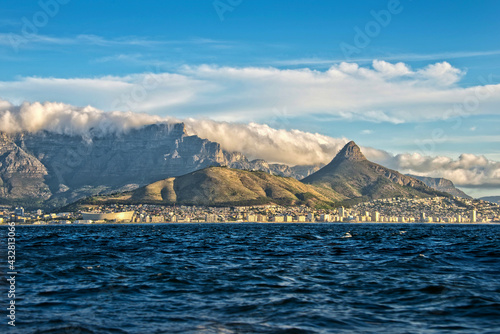 View of Cape Town and Table mountain from the ocean, South Africa
