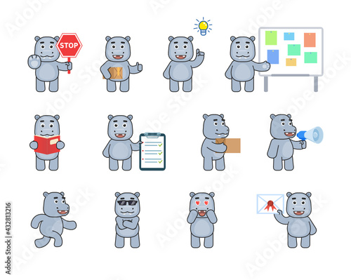 Cute hippo mascots in various situations. Cheerful hippopotamus holding stop sign, parcel, loudspeaker, box, reading book and other actions. Modern vector illustration