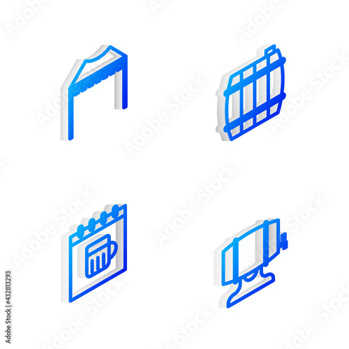 Set Isometric line Wooden barrel, Camping tent, Saint Patricks day calendar and on rack icon. Vector