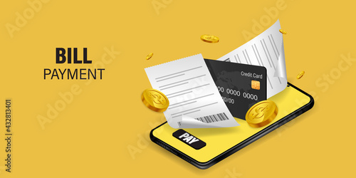 Bill of expenses is on mobile phone.Pay bills with mobile phone.Online shopping spending.Online shopping via smartphone.Bill payment flat isometric vector concept of mobile payment, shopping, banking.