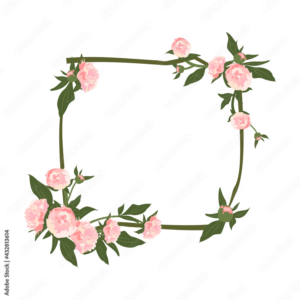 Peony wreath. Square frame, cute pink flowers and leaves Peony wreath. Square frame, cute pink flowers and leaves