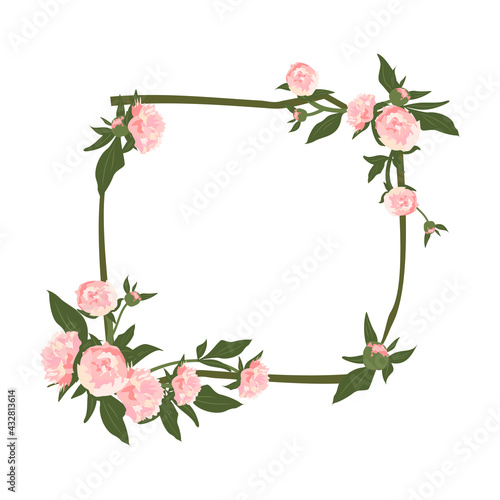 Peony wreath. Square frame, cute pink flowers and leaves