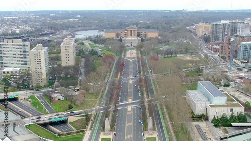 Aerial view overlooking the quiet Benjamin Franklin Pkwy and the Philadelphia art museum, during the Covid-19 quarantine - reverse, drone shot photo