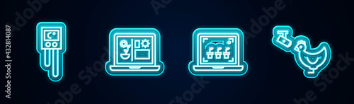 Set line Temperature and humidity sensor, Smart farming technology, and Chicken camera. Glowing neon icon. Vector