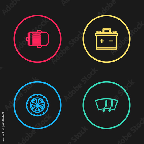 Set line Car wheel, Windscreen wiper, battery and Electric engine icon. Vector