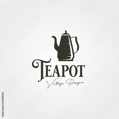 teapot vintage logo label vector illustration design, stainless steel teapot logo design