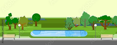 City park area. Trees, shrubs and lanterns. Beautiful summer cityscape in restrained colors. A place to relax, walk and date. Beautiful background picture. Lawn. Pond and benches. Vector.