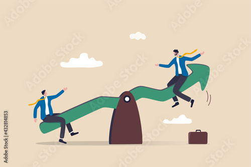 Investment stock market volatility, financial asset value going up and down or profit growth rising up concept, businessman sit on balance seesaw green arrow graph lift up other guy soaring.