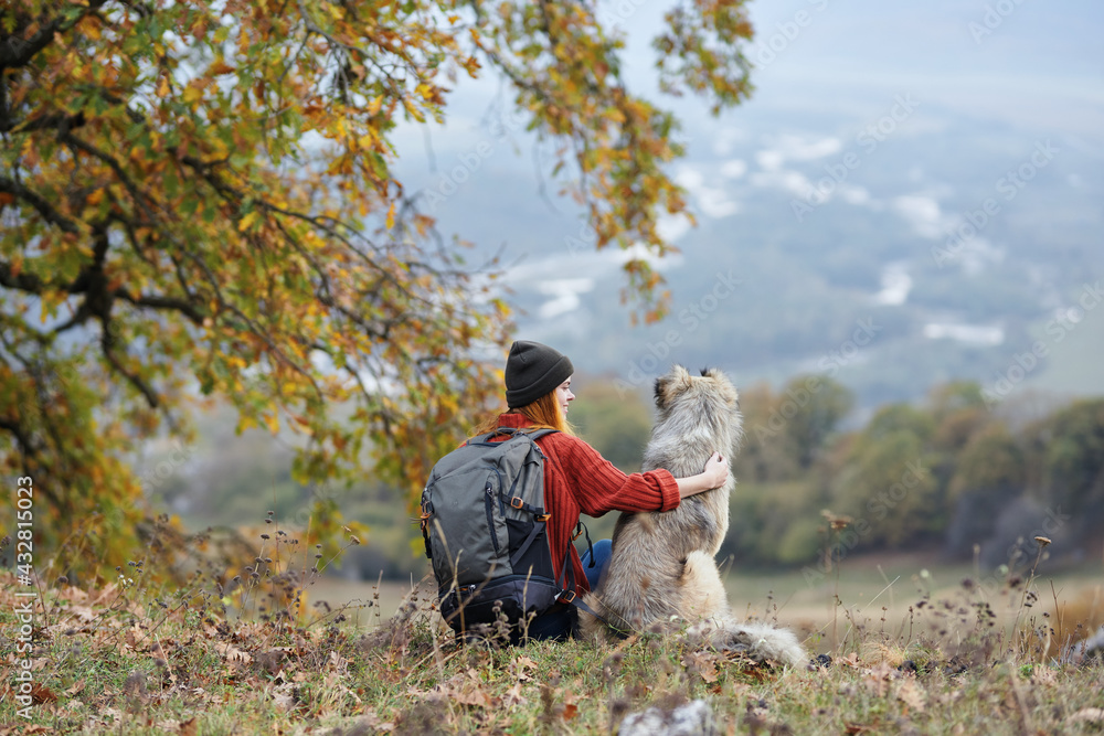 woman hiker next to a dog in the mountains admires the nature landscape