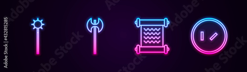 Set line Medieval chained mace ball, axe, Decree, parchment, scroll and Round wooden shield. Glowing neon icon. Vector