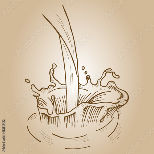 Bulk milk splash sepia. Sketch scratch board imitation.